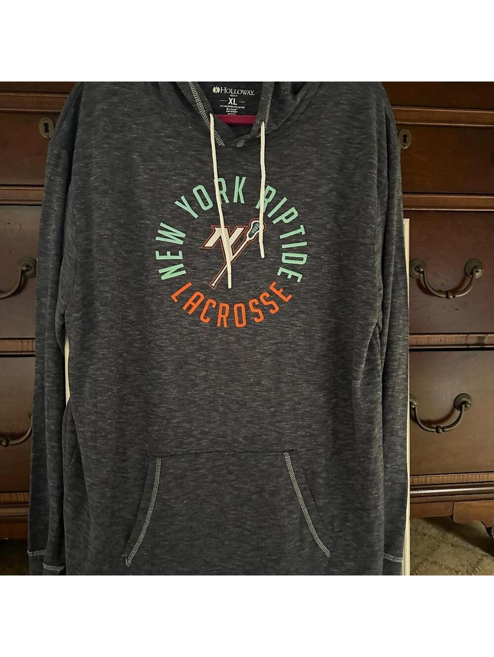 Holloway gray long sleeved T-shirt w hood. NY Riptide Lacrosse logo NWOT XL